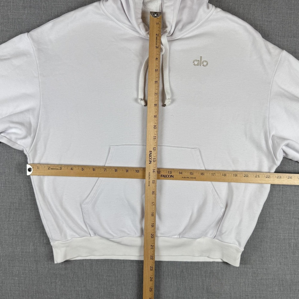 Alo Cropped Hoodie Womens Large White Fleece Kangaroo Pocket Pullover Sweatshirt - Picture 6 of 9